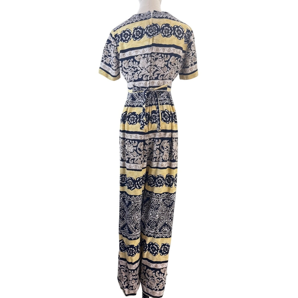 Vintage 90s Melissa Collection Rayon Jumpsuit USA Blue Yellow Boho Women's Small