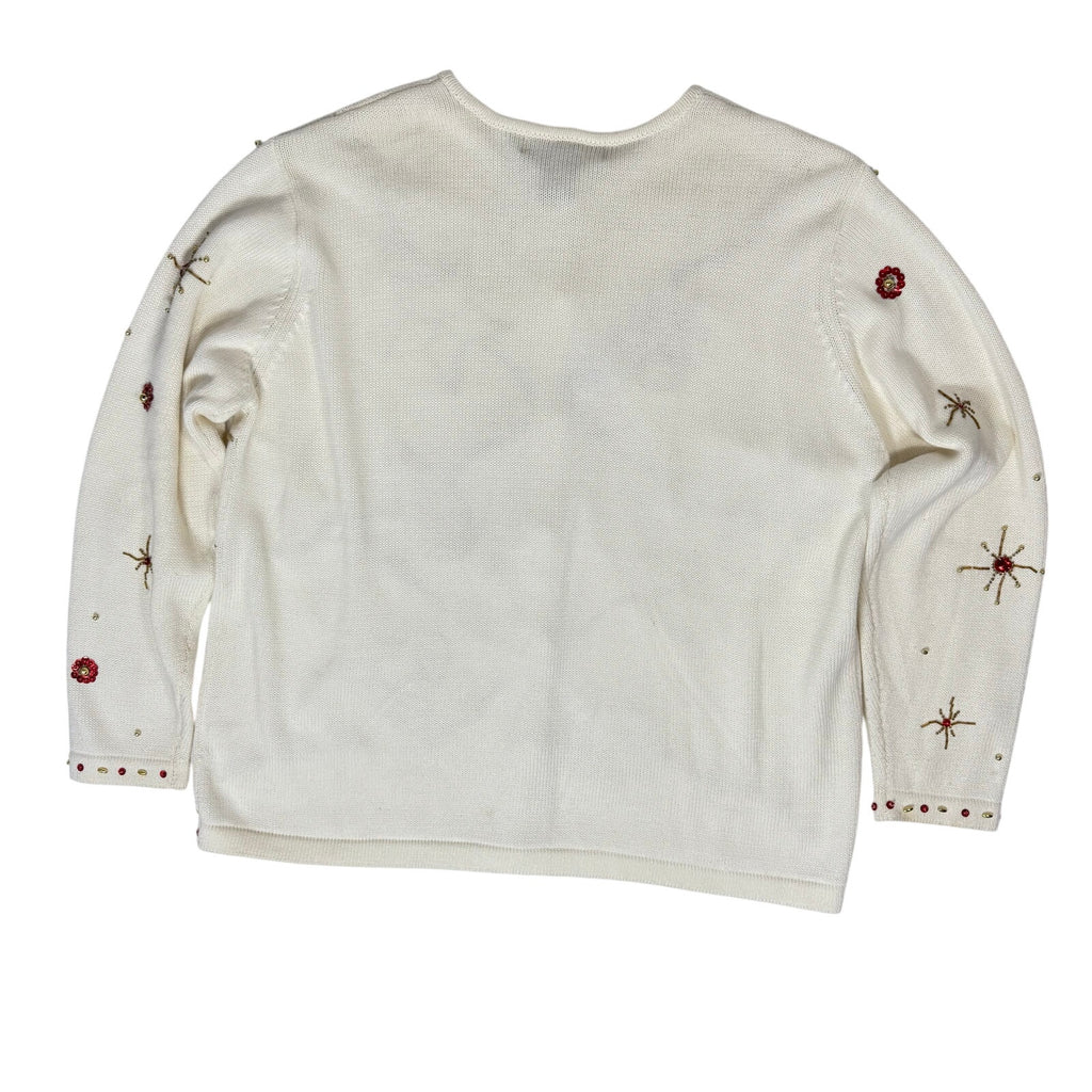 Vintage 90s Women’s XL Christmas Sweater Beaded White Holiday Knit