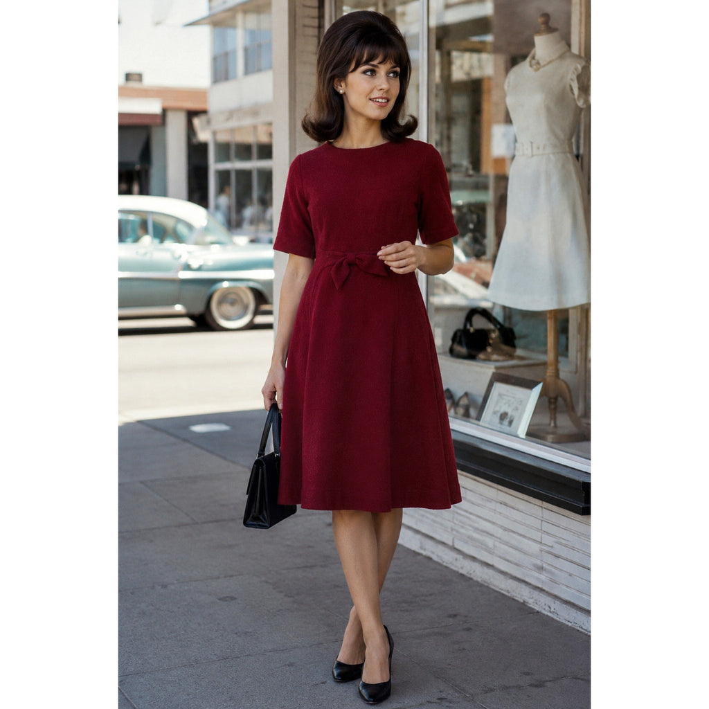 Vintage 60s Berkshire Wine Red Boucle Knit A-Line Dress Bow Accent Womens Medium