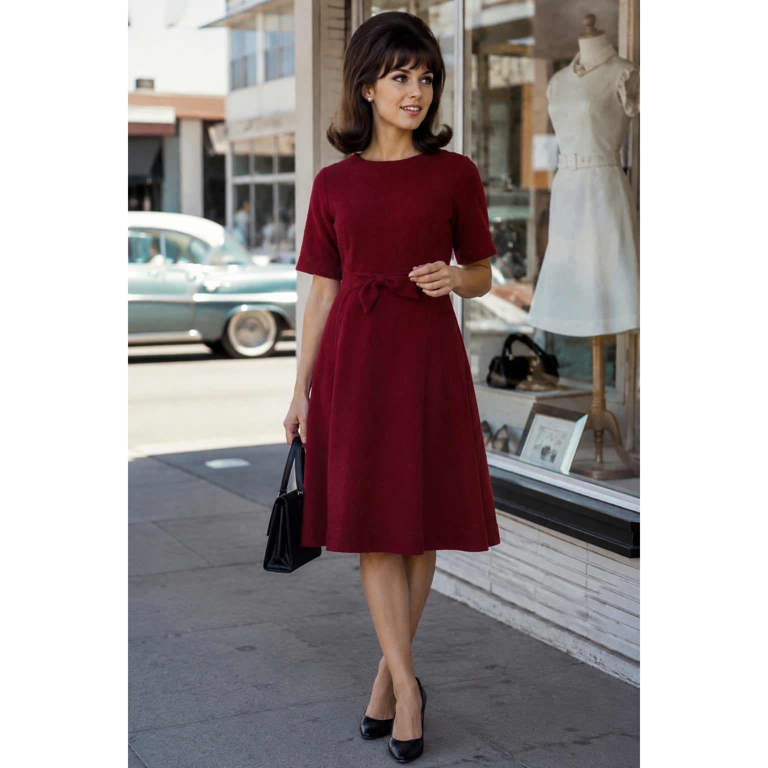 Vintage 60s Berkshire Wine Red Boucle Knit A-Line Dress Bow Accent Womens Medium