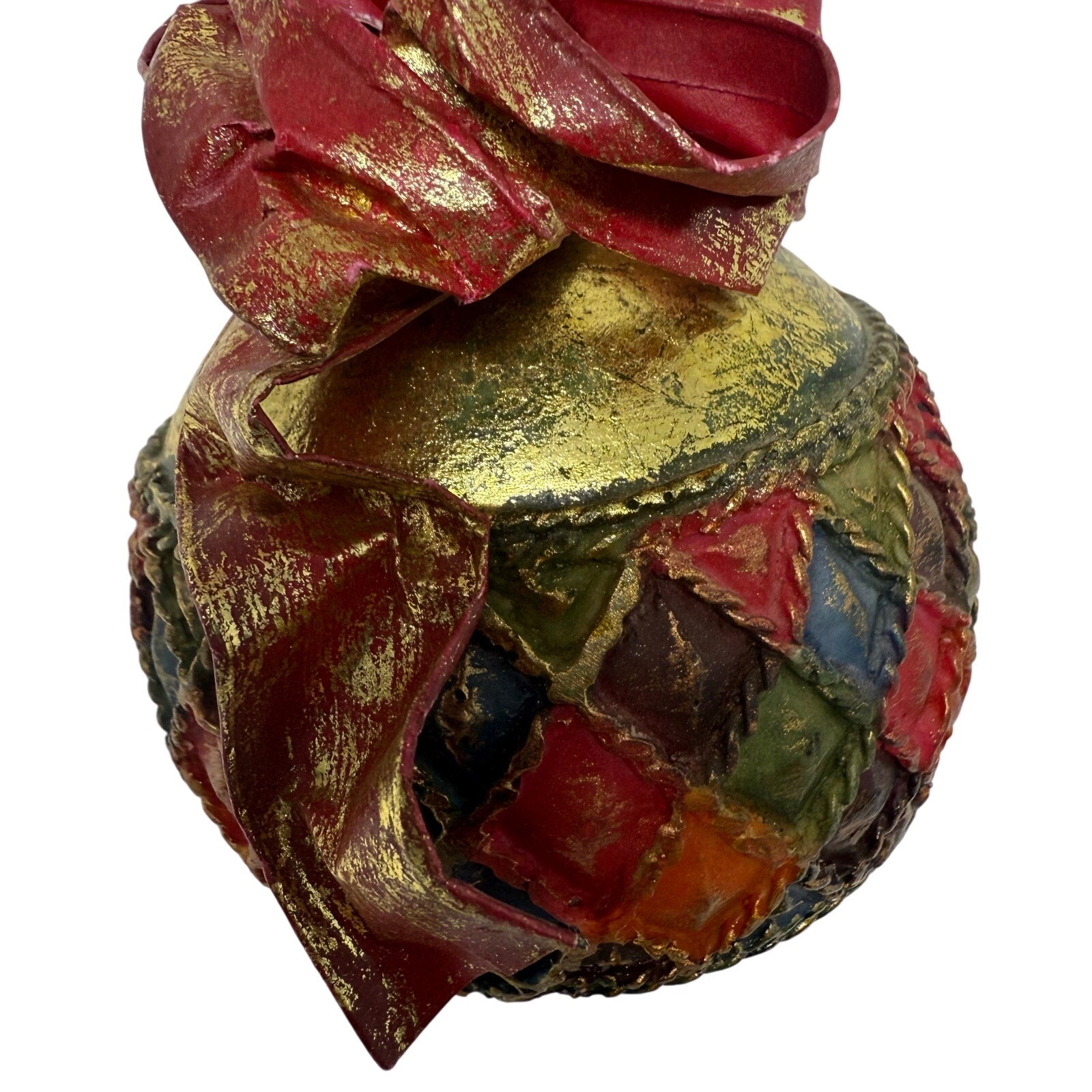 Vintage 90s Harlequin Paper Mache Christmas Ornament Ball with Red Bow