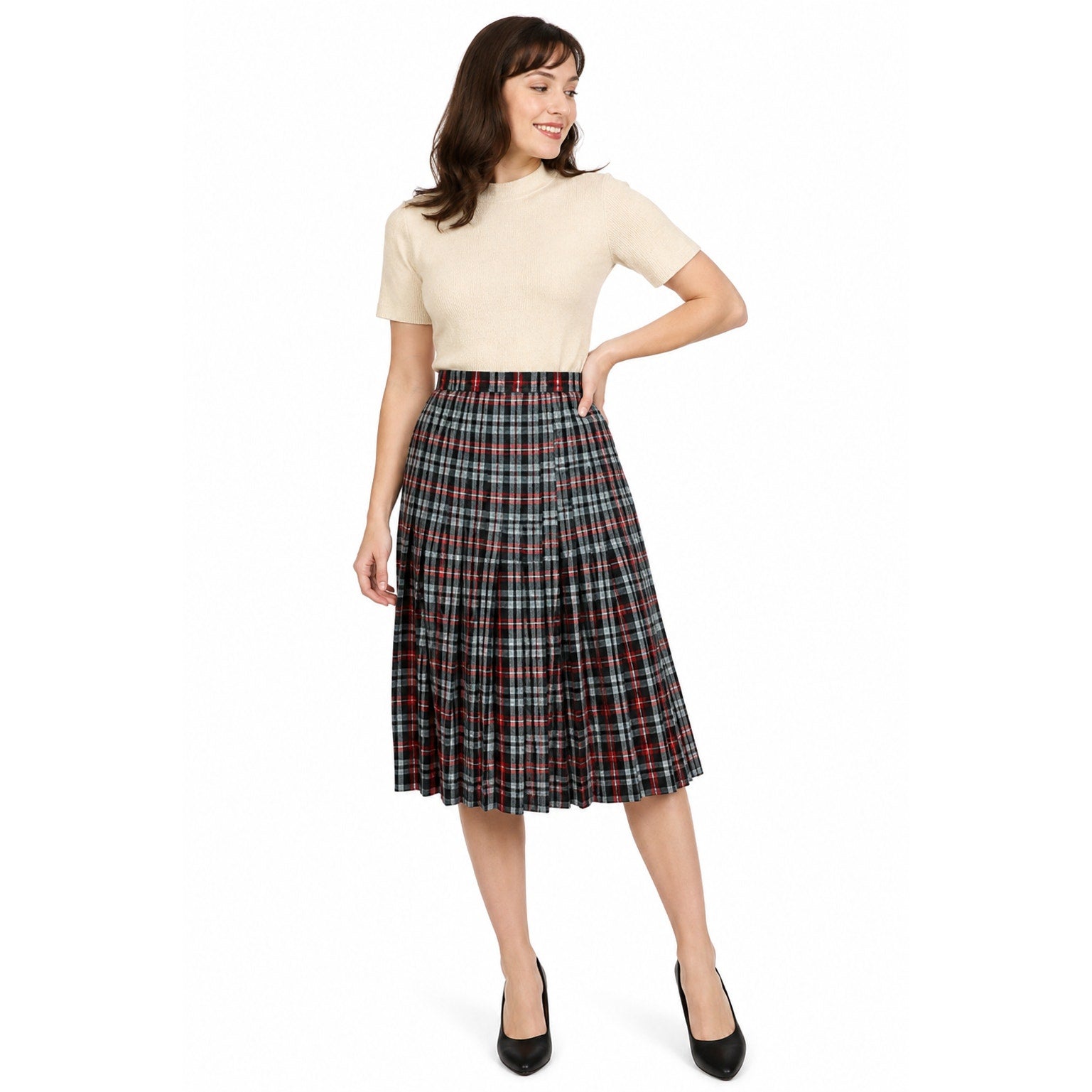 Vintage 1950s Black Gray Plaid Pleated Wool Blend Women's Skirt 24 Waist