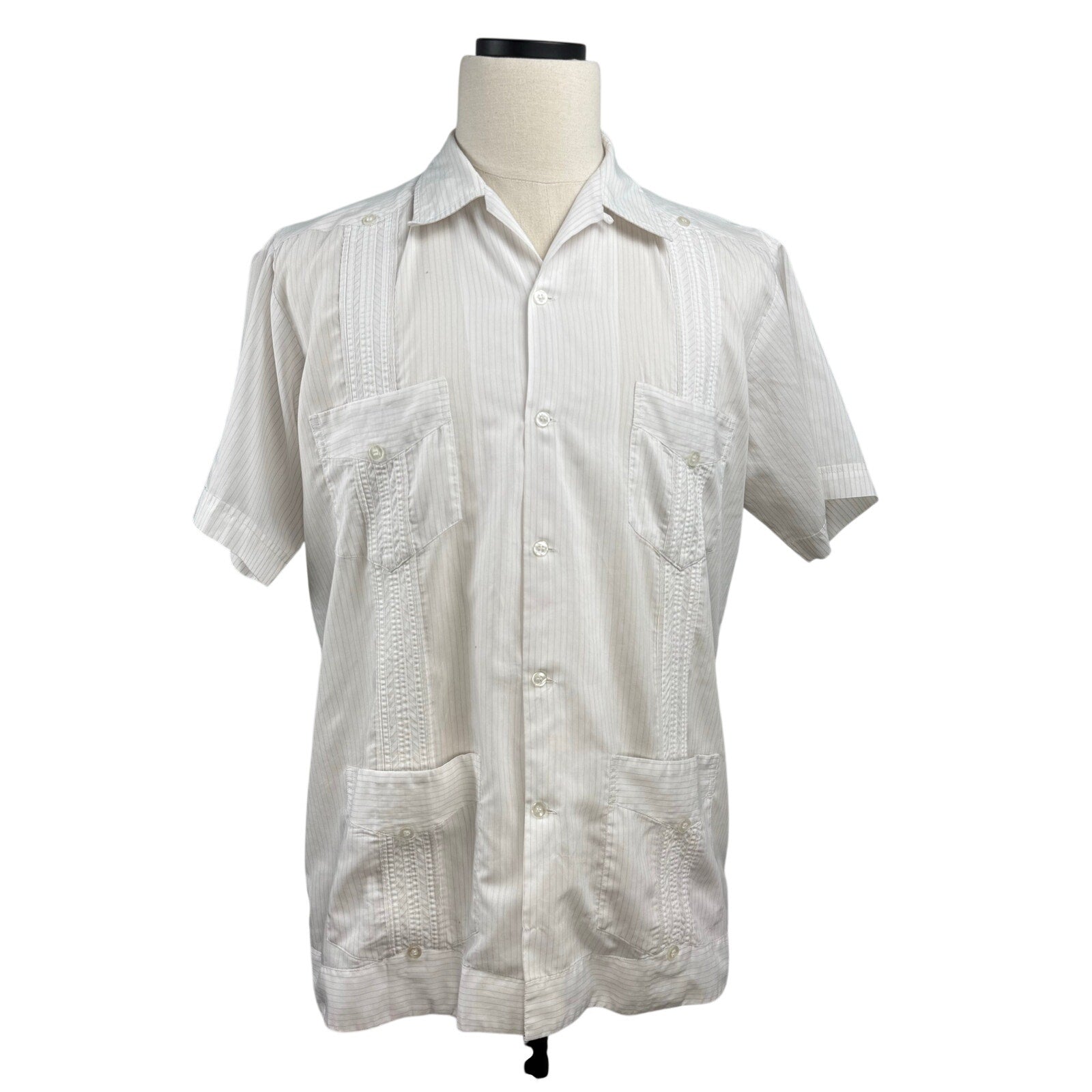 Vintage 80s White Guayabera Shirt Mens XL 4 Pocket Pintuck Mexico