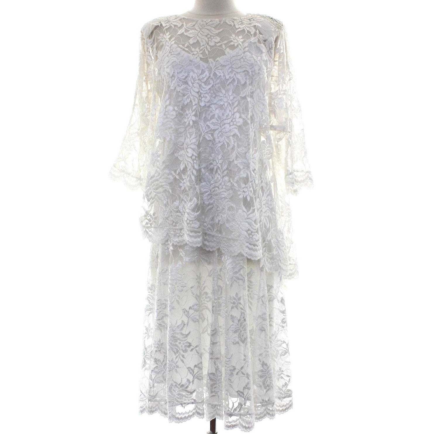 Vintage 1980s White Lace Beaded Fringe Overlay Dress Women's Small