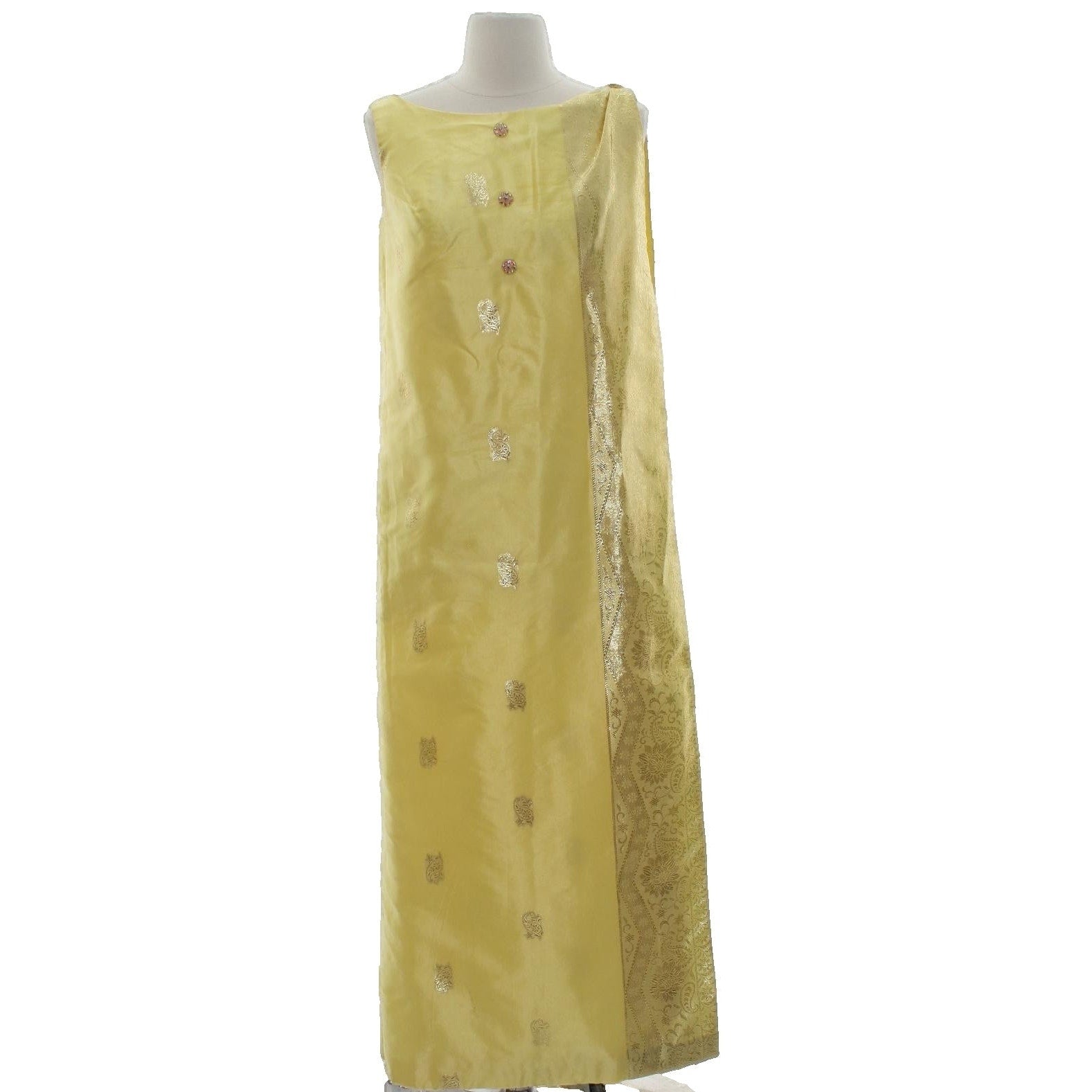 Vintage 70s Crest Room M&F Yellow Metallic Paisley Maxi Dress 34 Bust