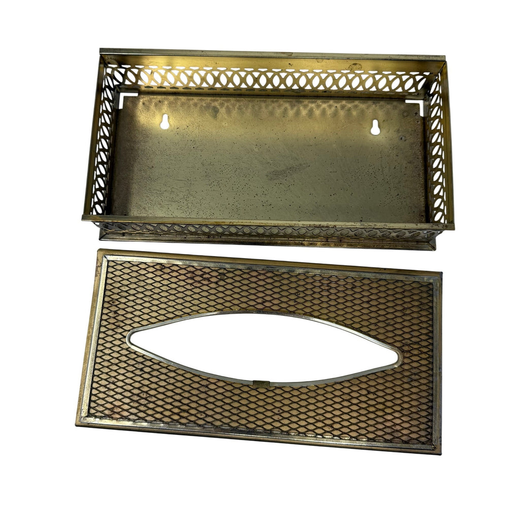 Vintage 70s Tissue Box Cover Holder 10.75” Wall Mount Gold Metal Retro MCM