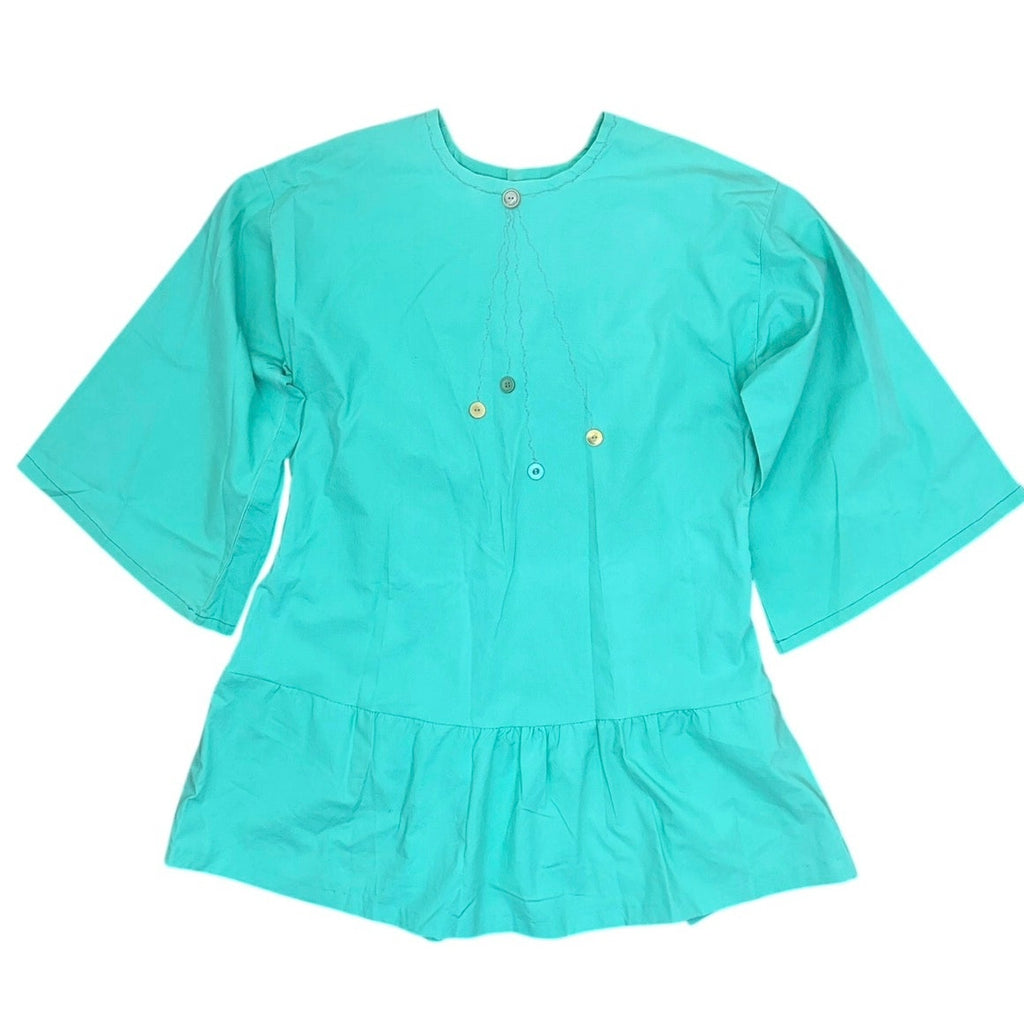 Vintage Style Aqua Home Sewn Peasant Dress Embroidered Ruffle 42 Bust