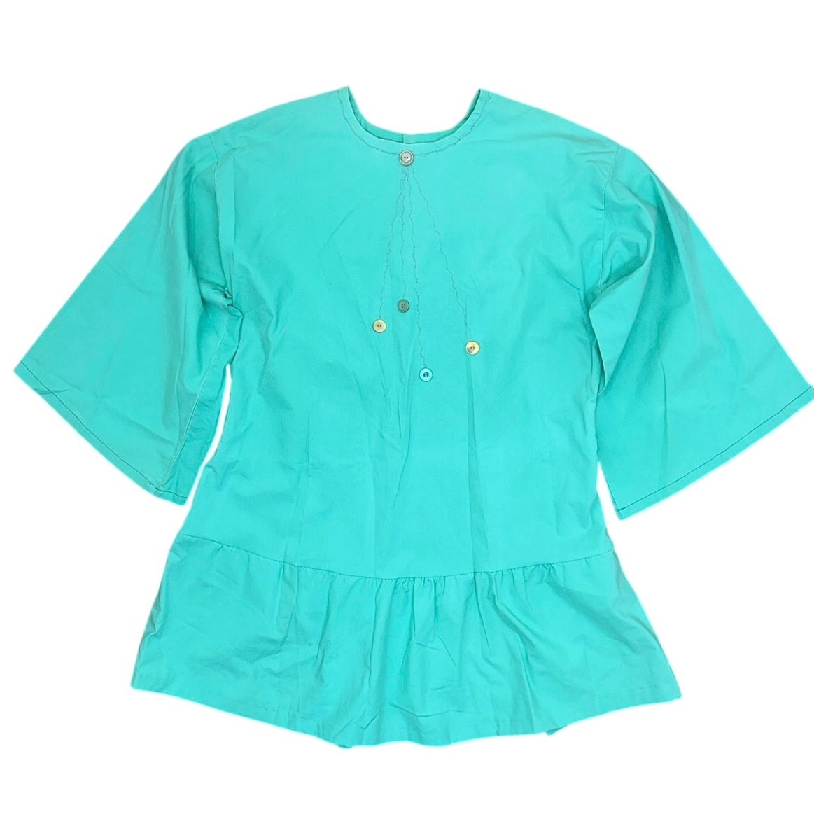 Vintage Style Aqua Home Sewn Peasant Dress Embroidered Ruffle 42 Bust