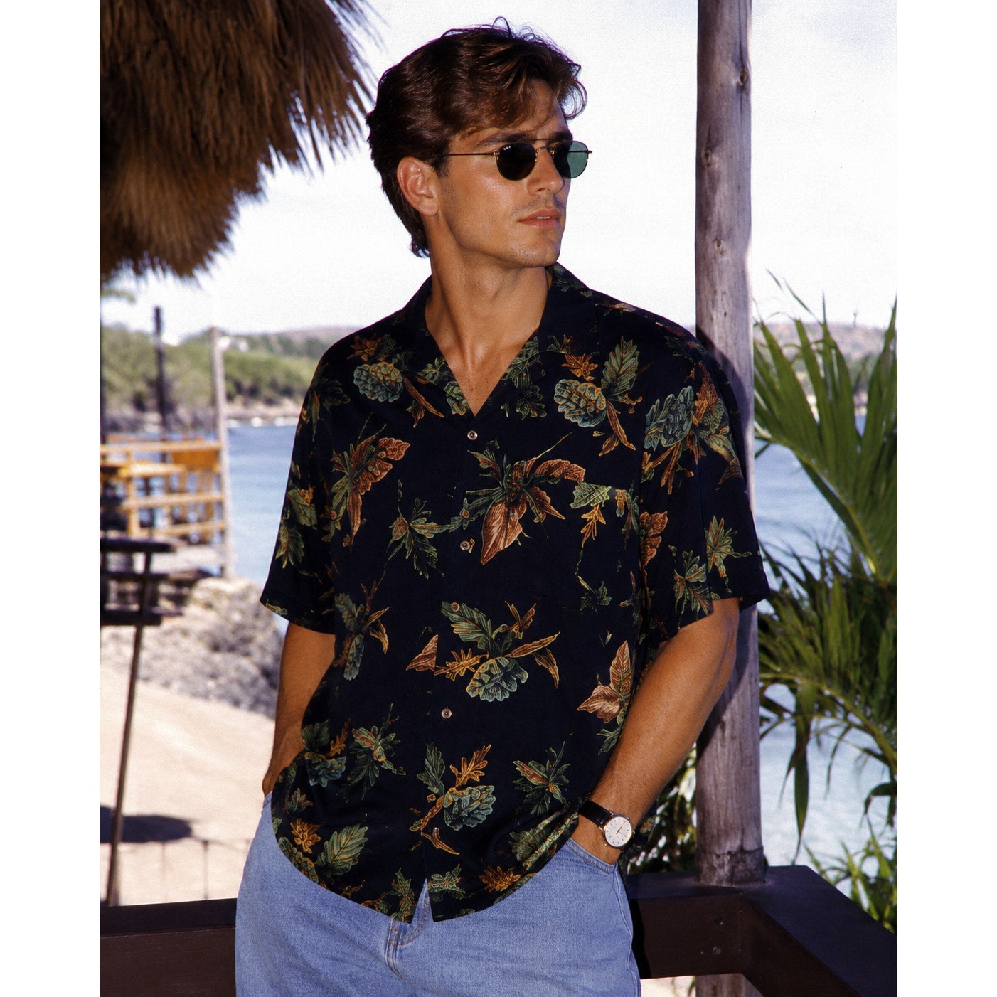 Vintage 90s M.E. Sport Rayon Hawaiian Tropical Camp Shirt Mens Medium