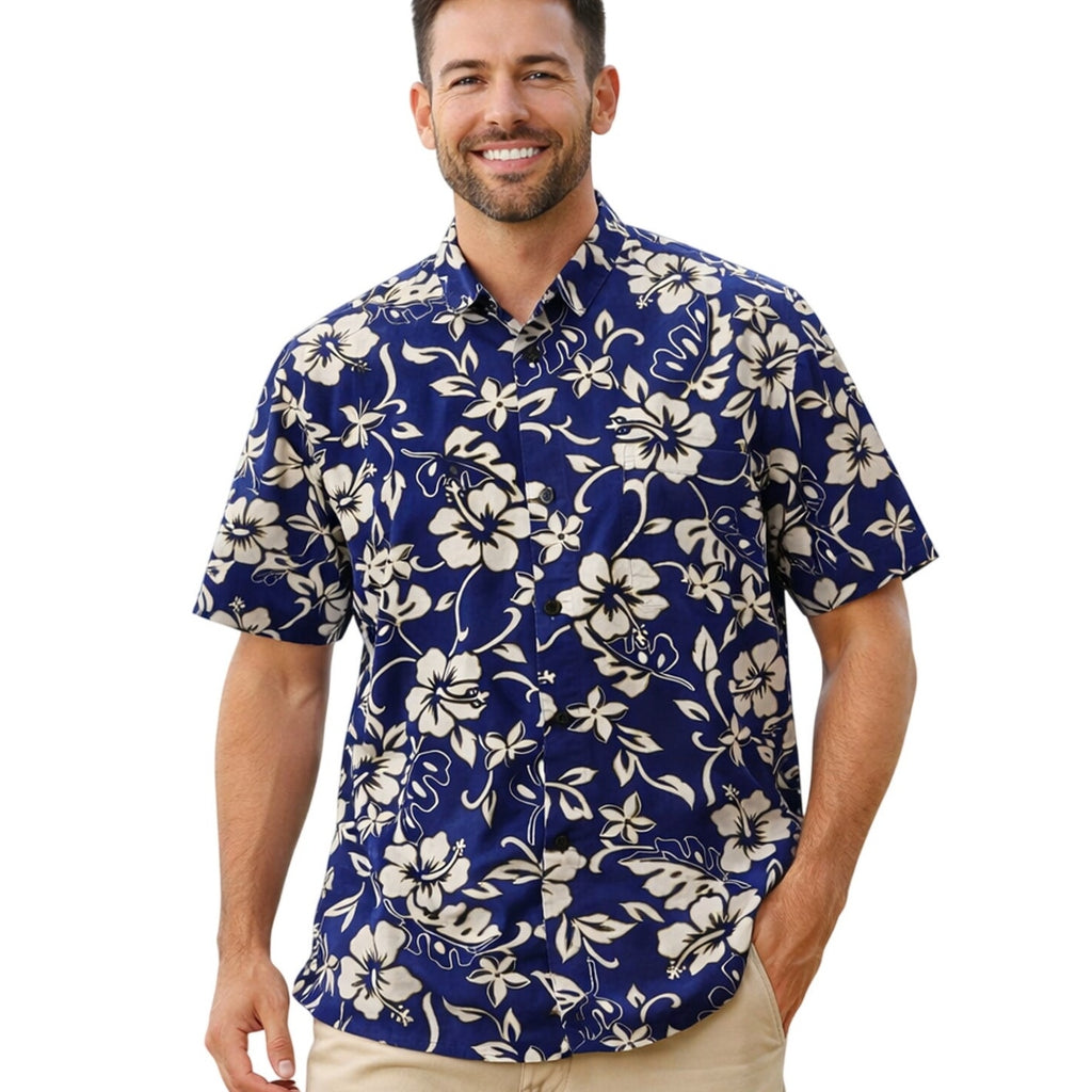 Vintage 90s Hilo Hattie Shirt Men’s Medium Blue Floral Hawaiian Cotton 42 Chest