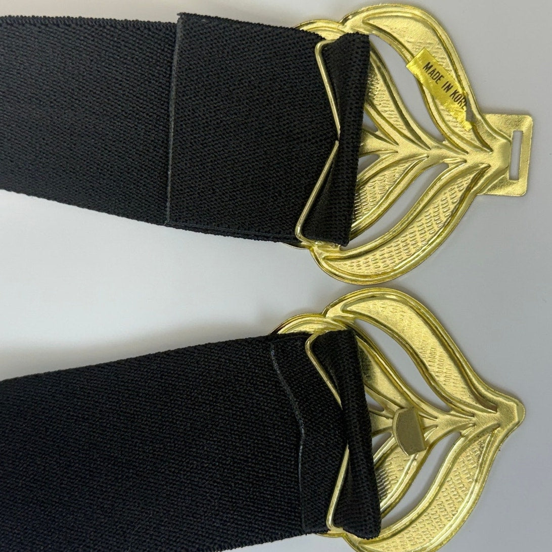 Vintage 80s Black Stretch Waist Belt Gold Leaf Buckle Wide Elastic 28”