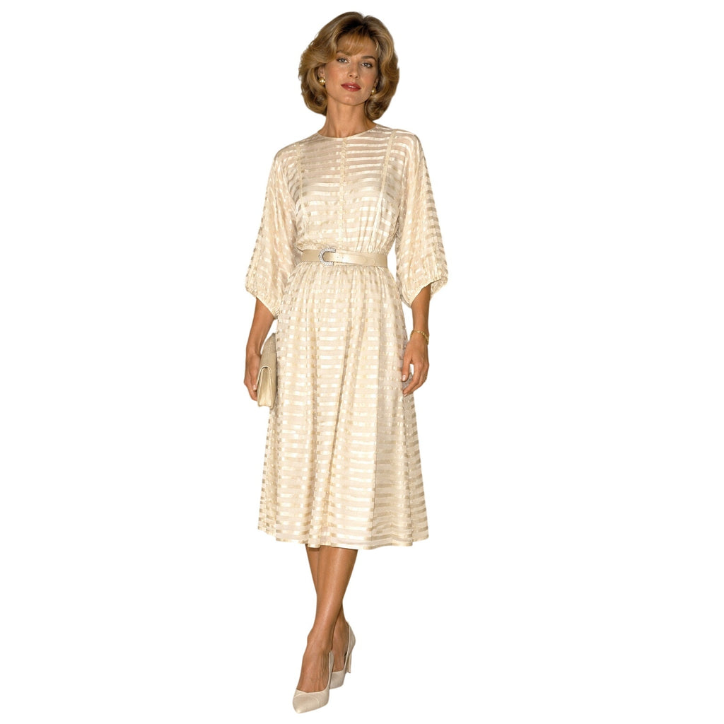 Vintage 90s Women's Small Albert Nipon by Night Ivory Silk Midi Dress Belt