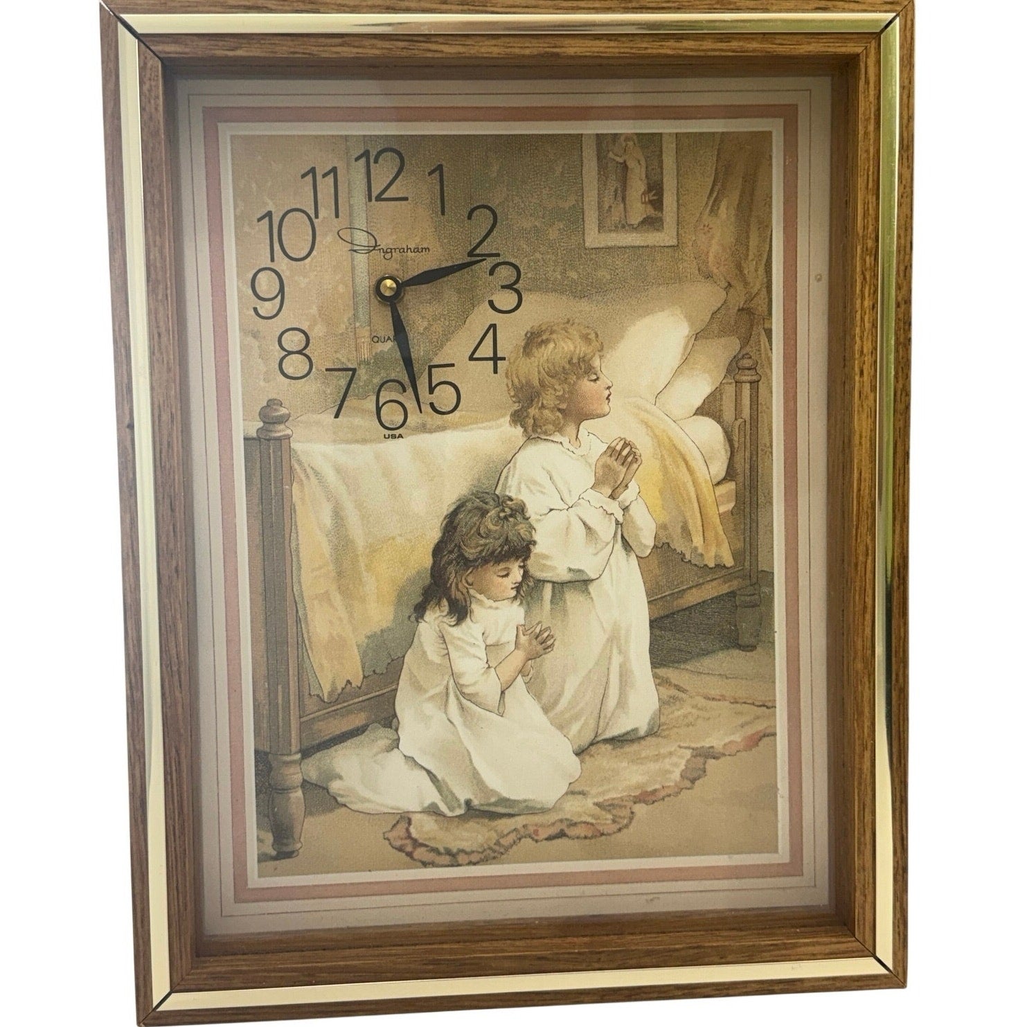 Vintage 70s Children Praying Wall Clock Framed Picture Hanging Decor 14x11