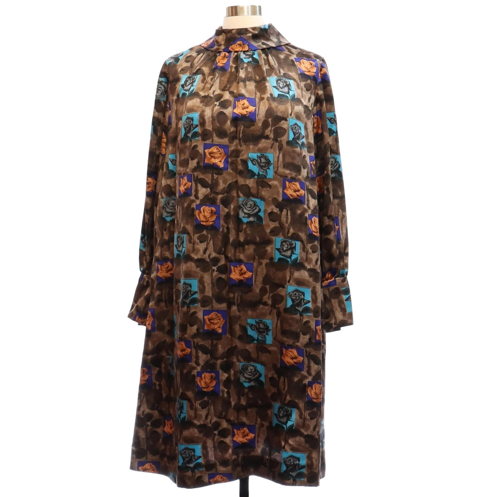 Vintage 1970s Brown Floral Polyester A-Line Midi Dress MOD Women's