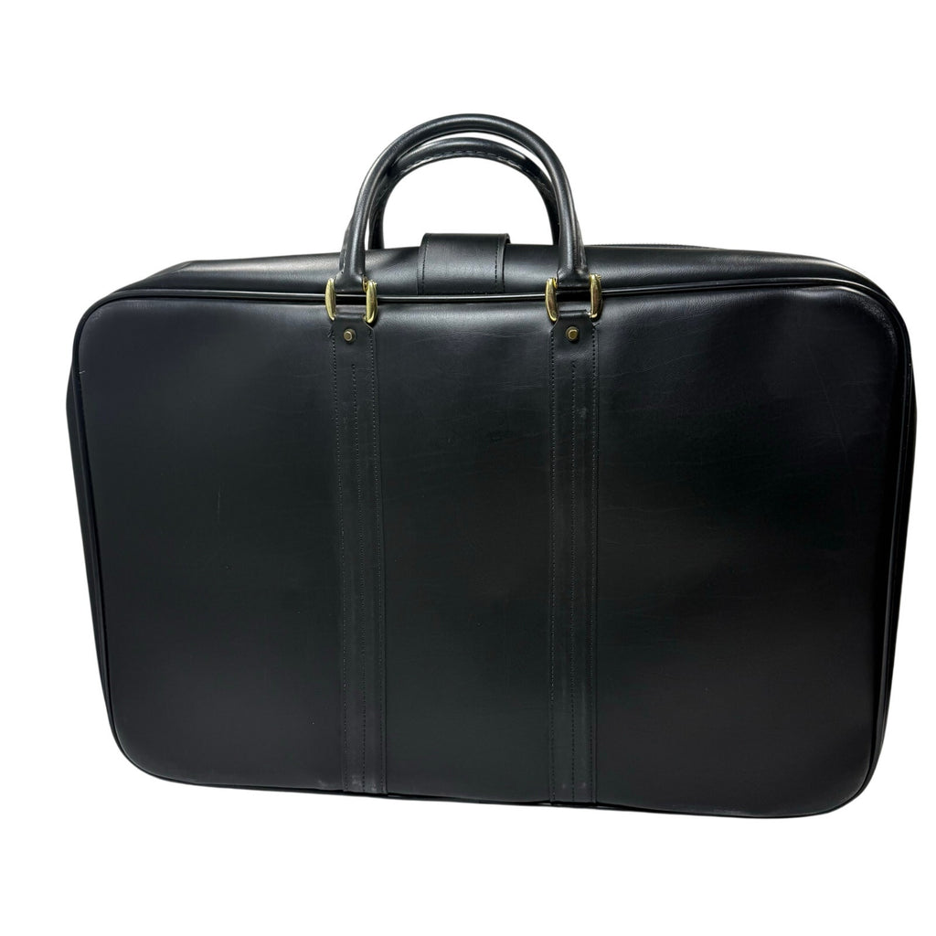 Vintage 70s Black Leather Luggage Briefcase Red Stripe Locking Travel Case