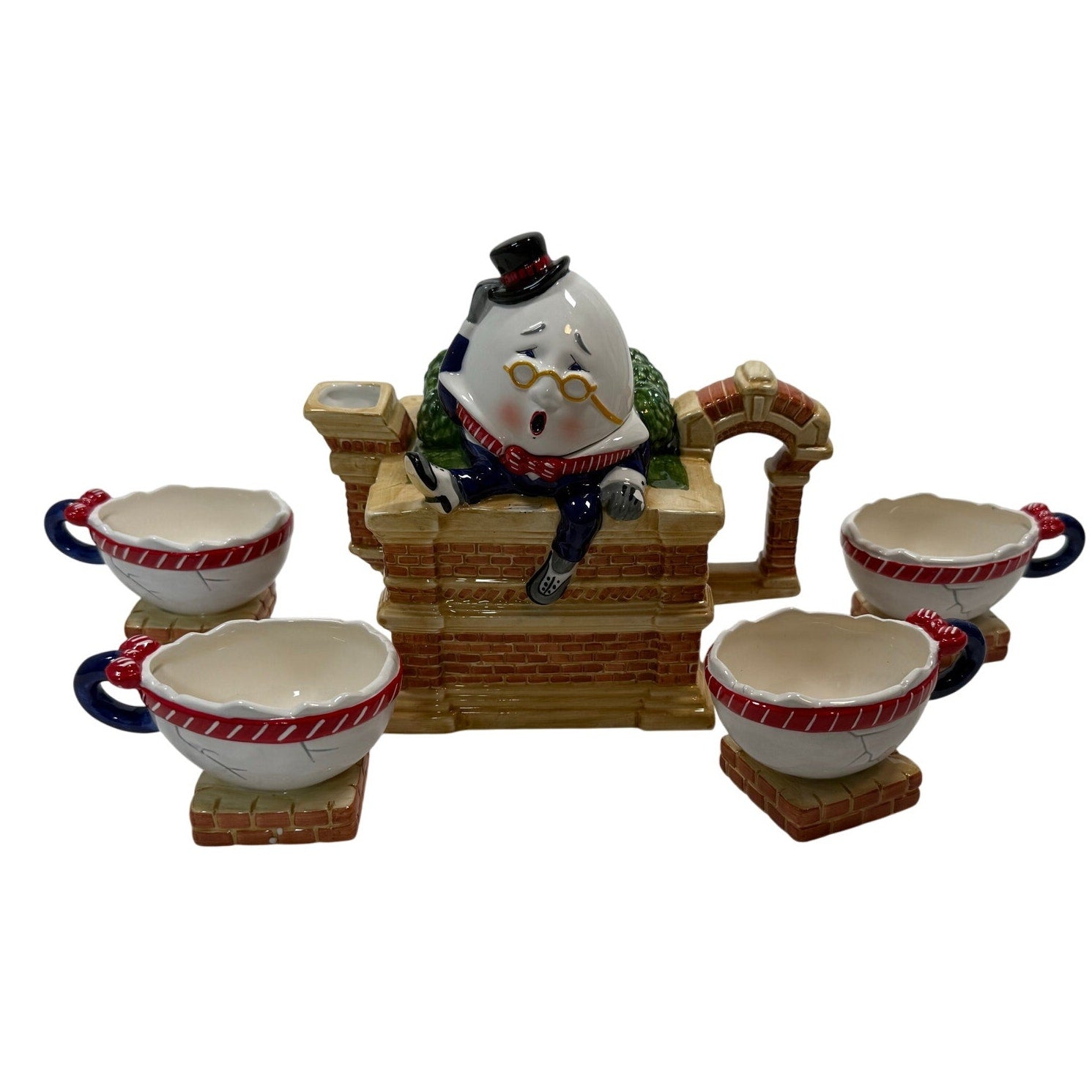 Vintage 90s Tea Set Humpty Dumpty Teapot & 4 Cups Set w/ Box Hand Painted