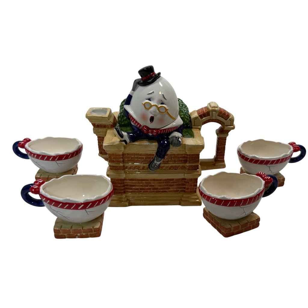 Vintage 90s Tea Set Humpty Dumpty Teapot & 4 Cups Set w/ Box Hand Painted