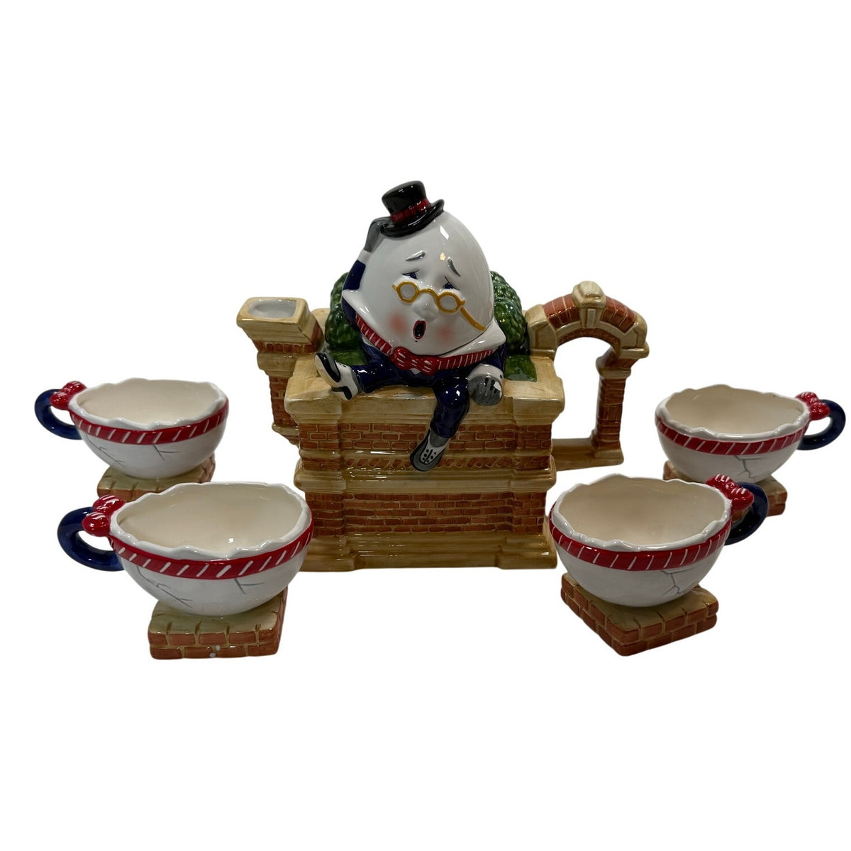 Vintage 90s Tea Set Humpty Dumpty Teapot & 4 Cups Set w/ Box Hand Painted