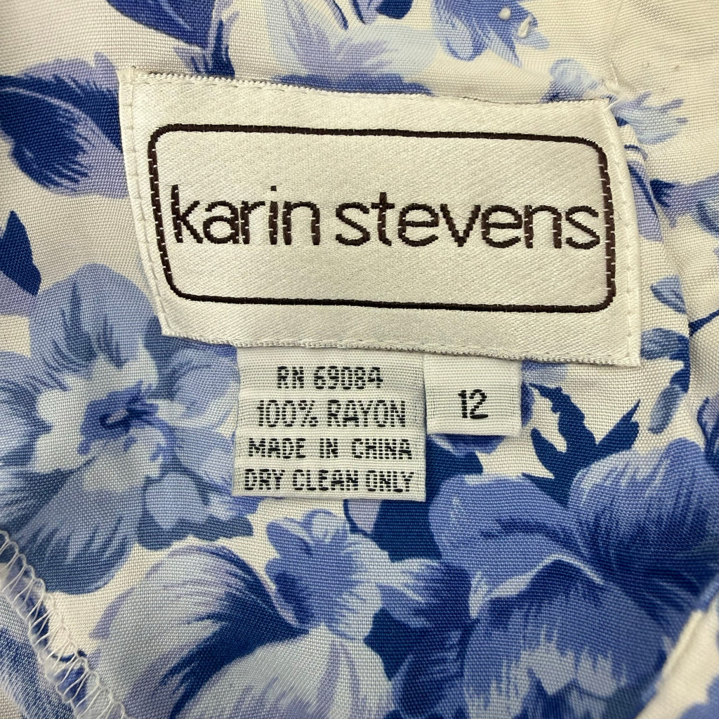 Vintage 90s Womens 12 Karin Stevens Blue Floral Rayon Midi Dress Belted