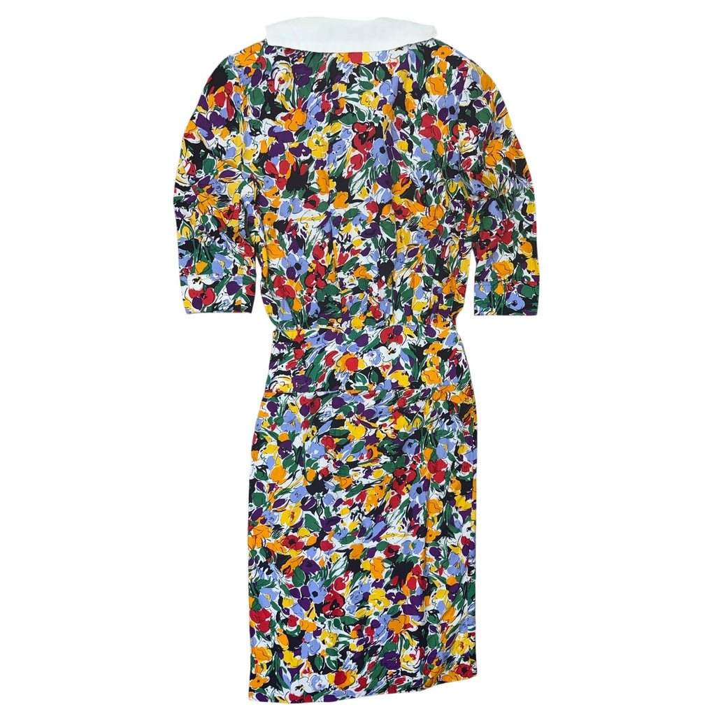 Vintage 80s Joan Martin Floral Midi Dress Scarf Tie Pleated Women's Small