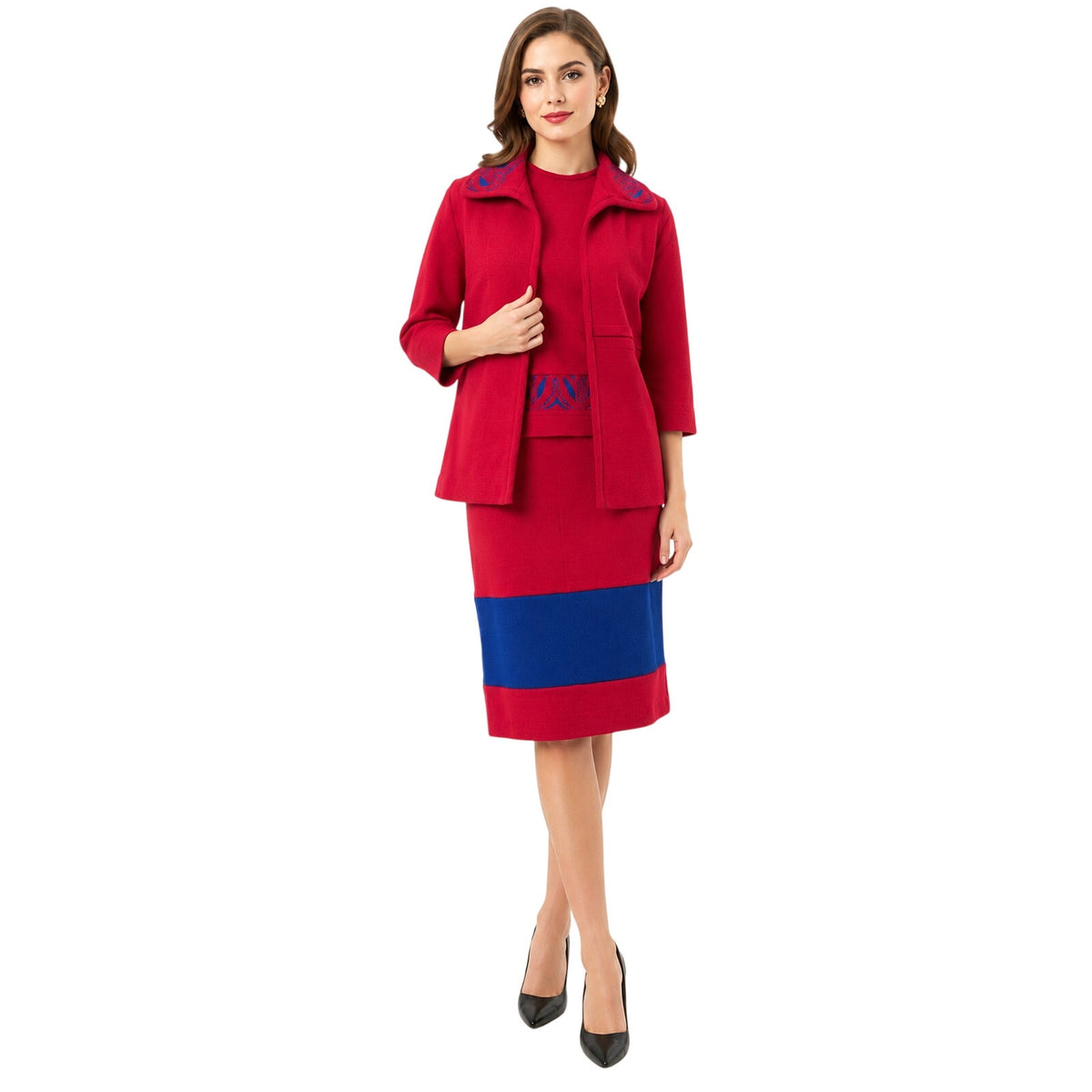 Vintage 60s Women's 8 Couture Imports Red Wool Belgium Knit 3 Pc Skirt Suit Set