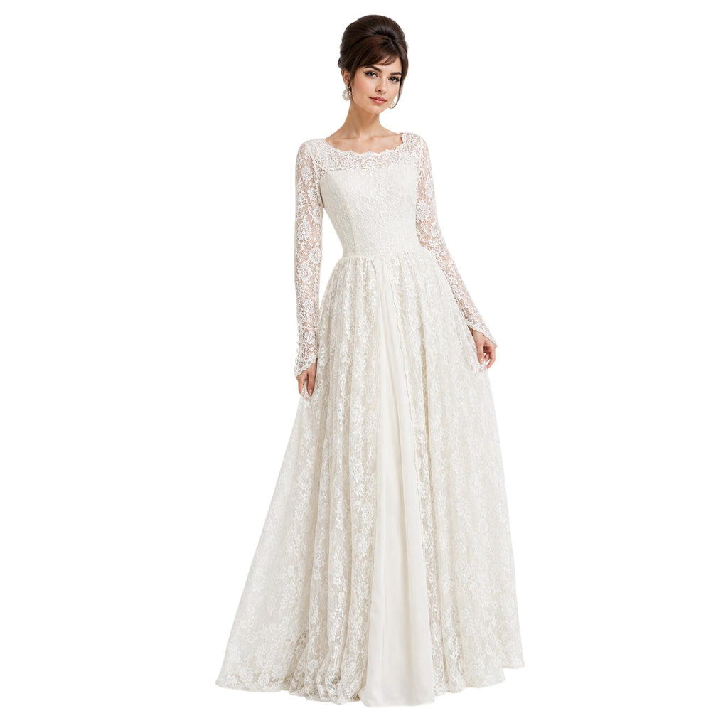 Vintage 1960s White Lace Wedding Dress Long Sleeve Floor Length XS S