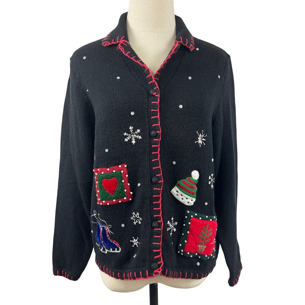 Vintage 80s Basic Editions Black Snowman Christmas Cardigan Sweater Medium