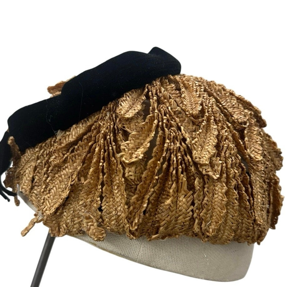 Vintage 50s Art Deco Flapper Hat Gold Black Velveteen Cocktail