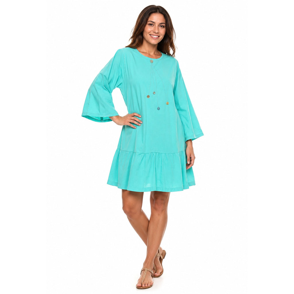 Vintage Style Aqua Home Sewn Peasant Dress Embroidered Ruffle 42 Bust