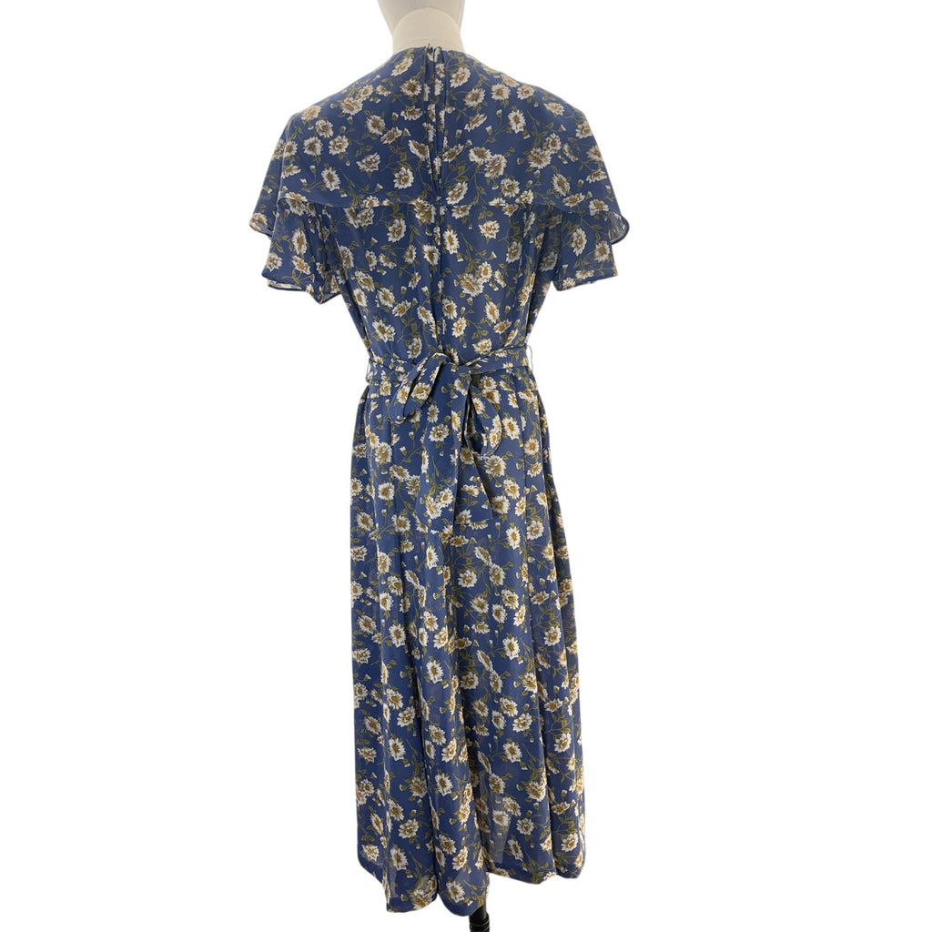 Vintage 80s Kristy Michaels Blue Floral Midi Dress Tie Waist A-Line Women's 12