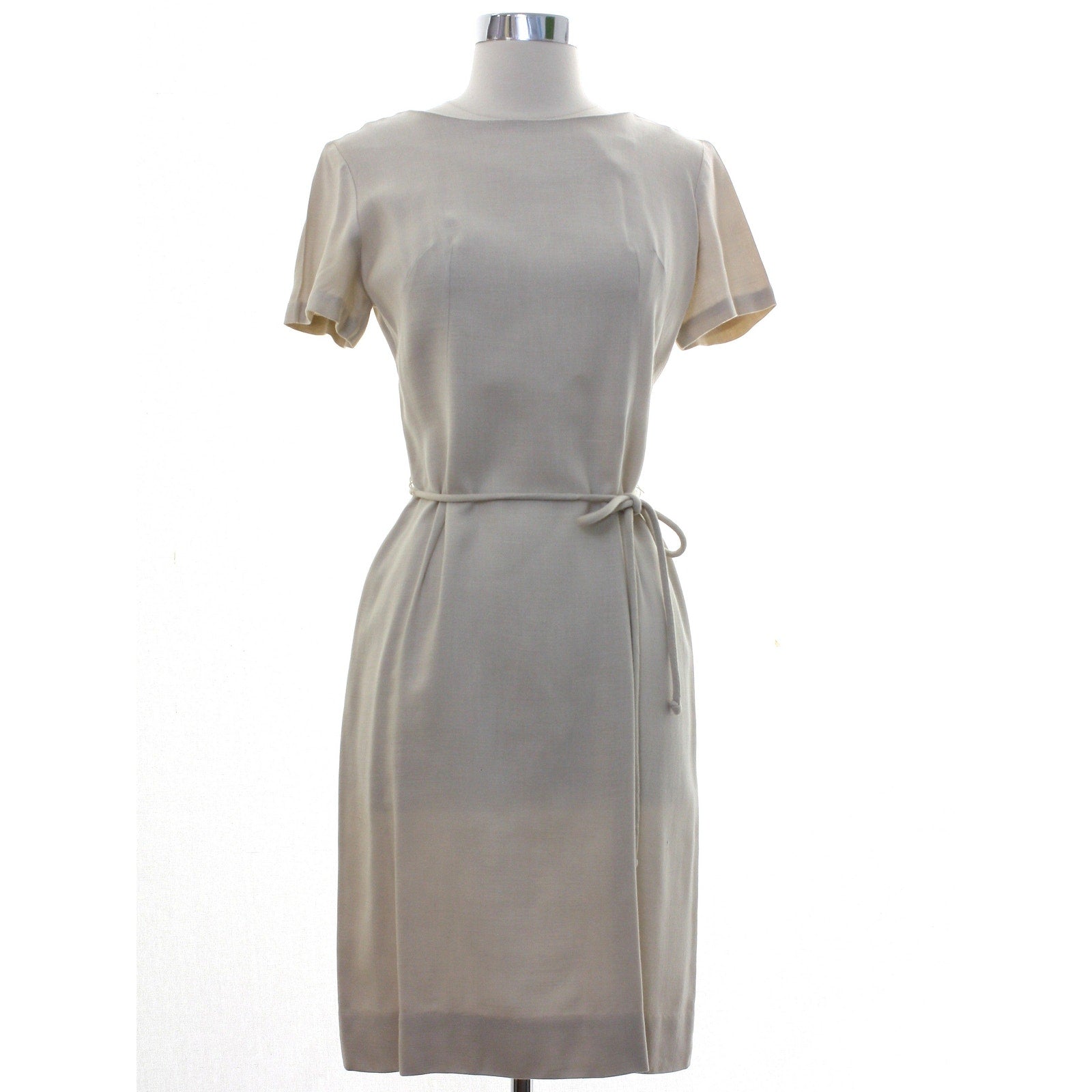 Vintage 1960s Odette Linen Blend Sheath Dress Beige Belted Women's XS