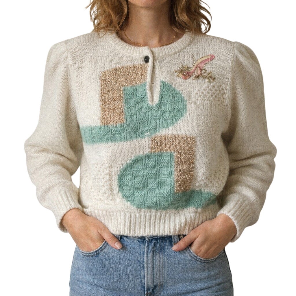 Vintage 80s Beaded Knit Sweater Ivory Pink High Heel Women's Medium Maribetza