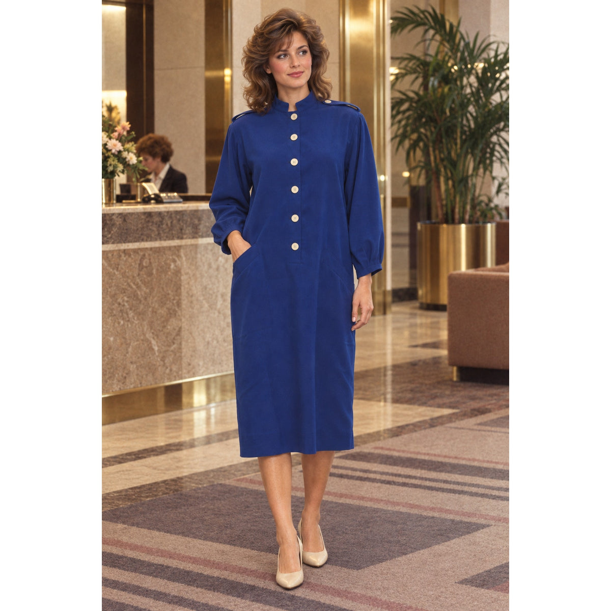 Vintage 80s Wilroy Traveller Royal Blue Button Front Shirt Dress Womens Medium