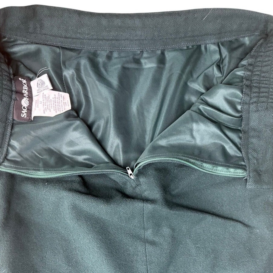 Vintage 80s Sag Harbor Wool Suit Green Skirt Set Velvet Collar Jacket 14