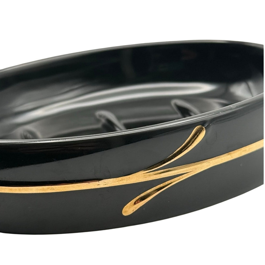 Vintage 90s Black Ceramic Soap Dish with Gold Accent Bathroom Vanity Holder