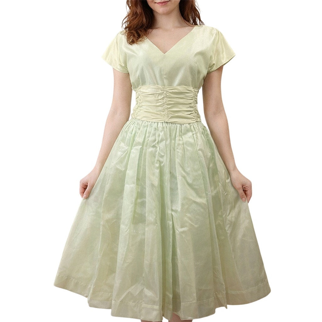 Vintage 50s Midi Formal Dress Mint Green Satin Cummerbund Women's Small