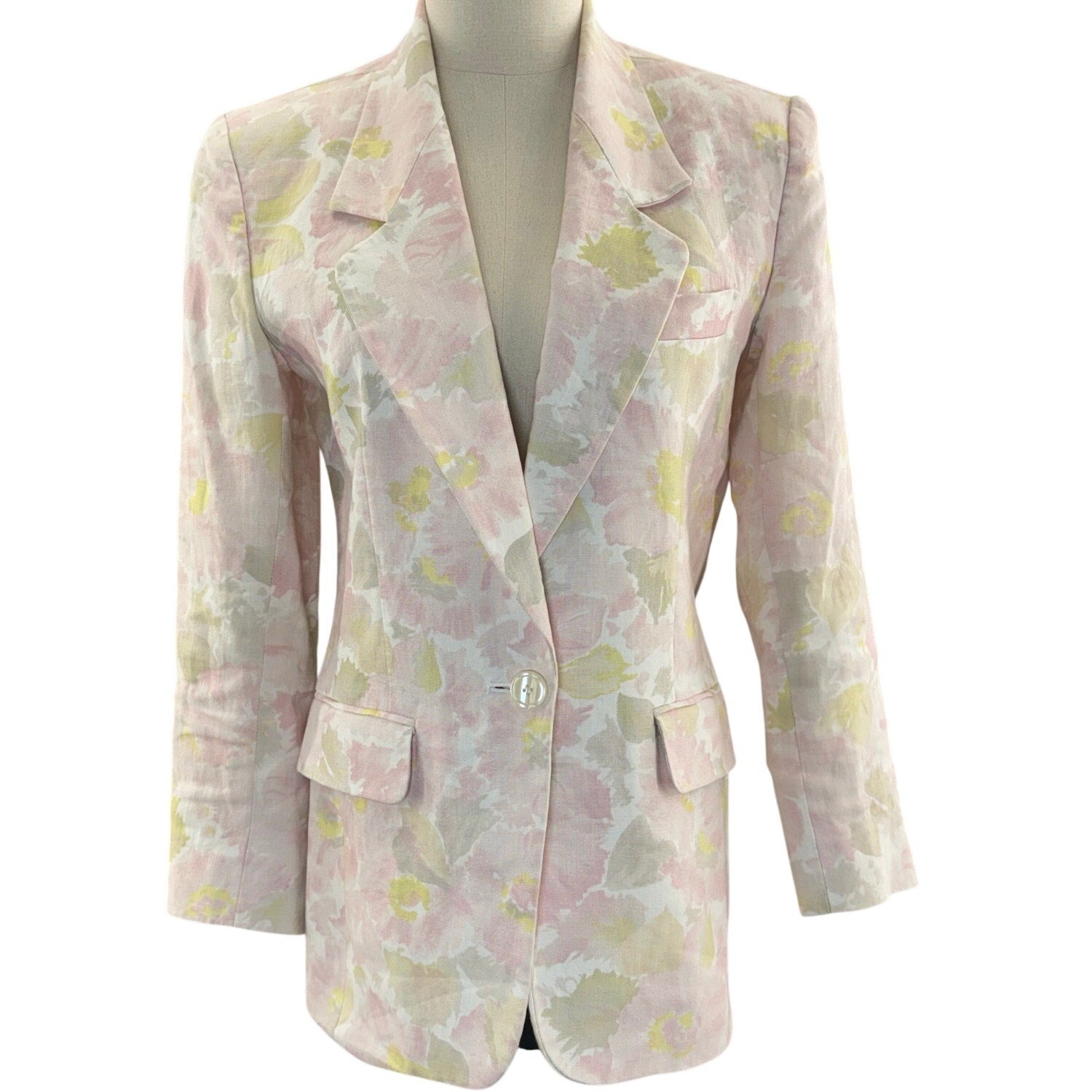 Vintage 90s Liz Claiborne Womens 4P Pink Floral Linen Blazer Shoulder Pads