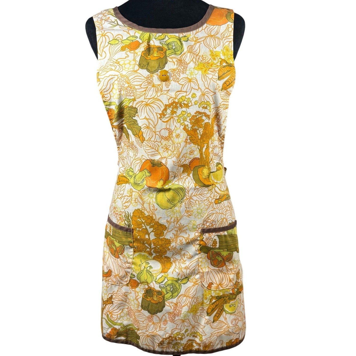 Vintage 1970s Harvest Vegetable Print Bib Apron Gold Green Orange Retro Kitchen