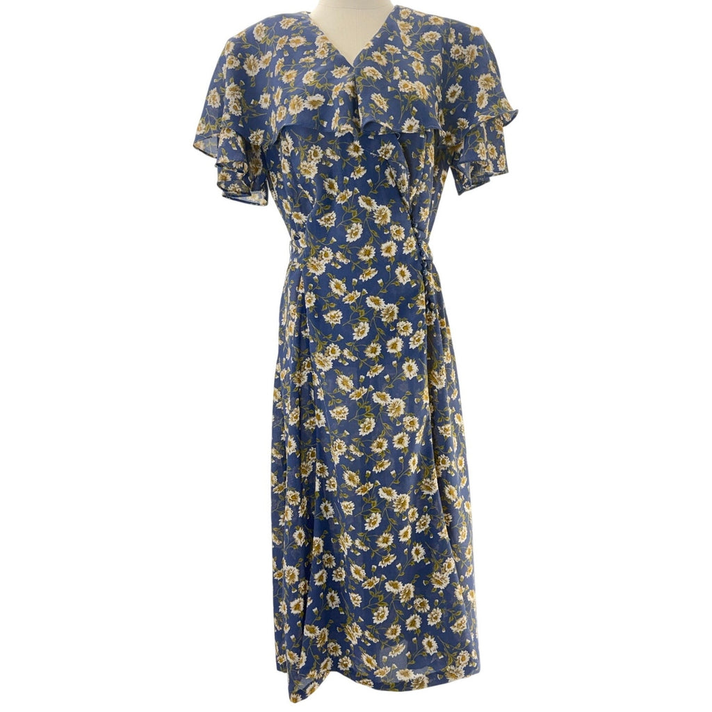 Vintage 80s Kristy Michaels Blue Floral Midi Dress Tie Waist A-Line Women's 12