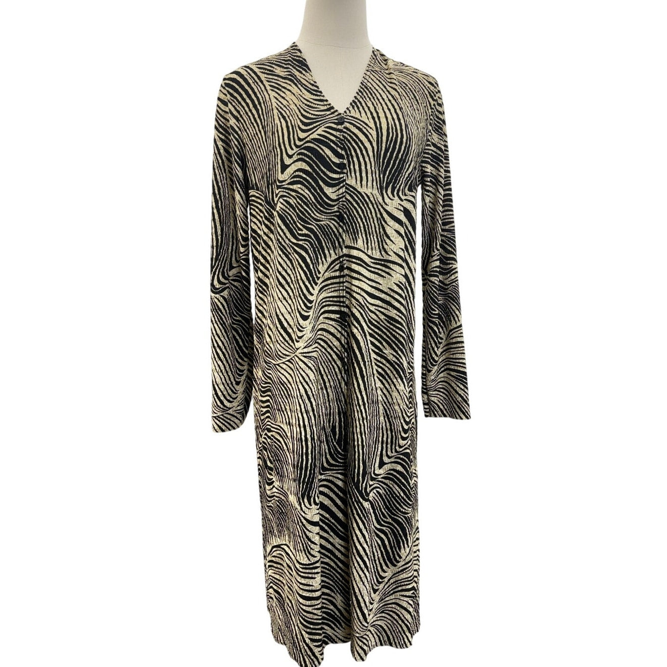 Vintage 80s Zebra Print Button Front Midi Dress Women Medium Pleat Pleat Rafael