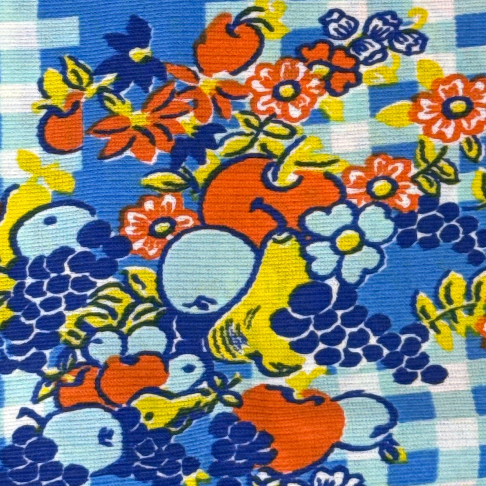 Vintage 60s Fabric Blue Fruit Gingham Cotton Fabric Panel 91x48 MCM
