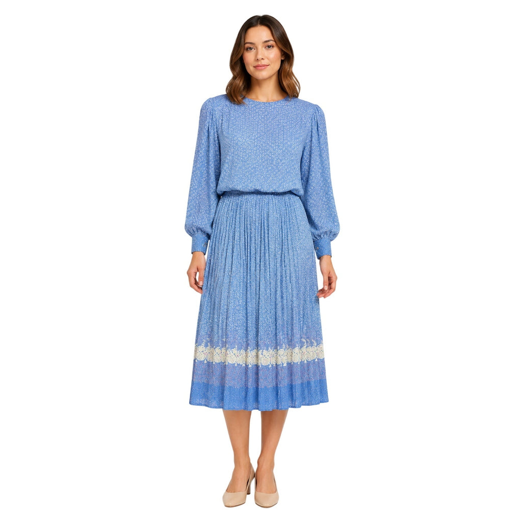 Vintage 1970s Amy-Deb Blue Floral Border Print Pleated Midi Dress Women's Medium
