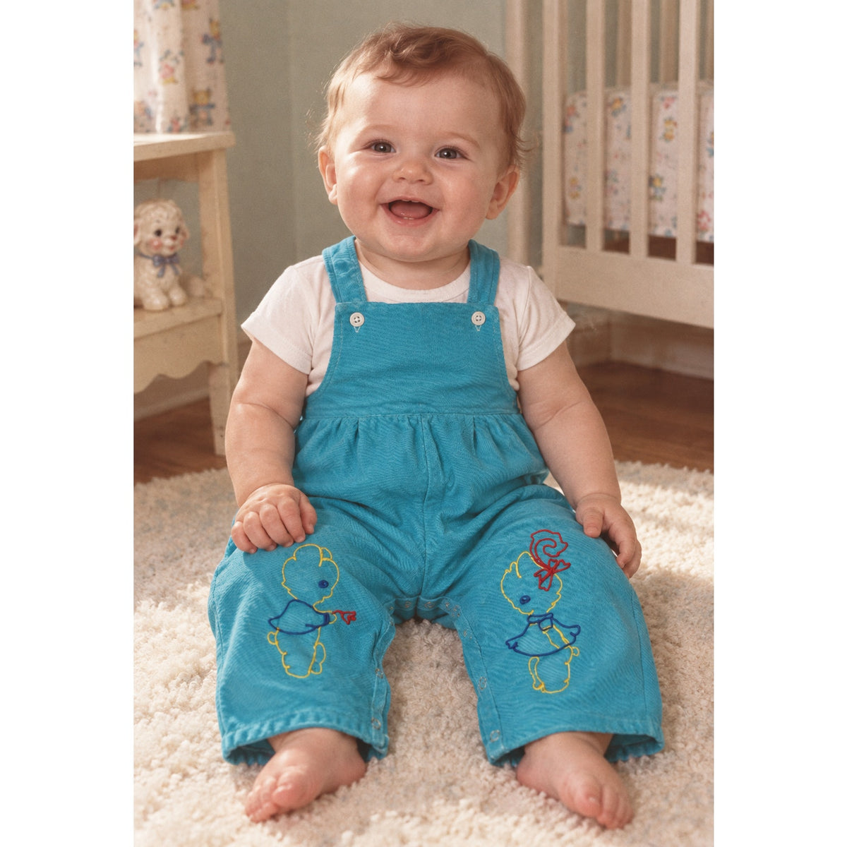 Vintage 1950s Baby Aqua Embroidered Bear Overalls 1-3 Months
