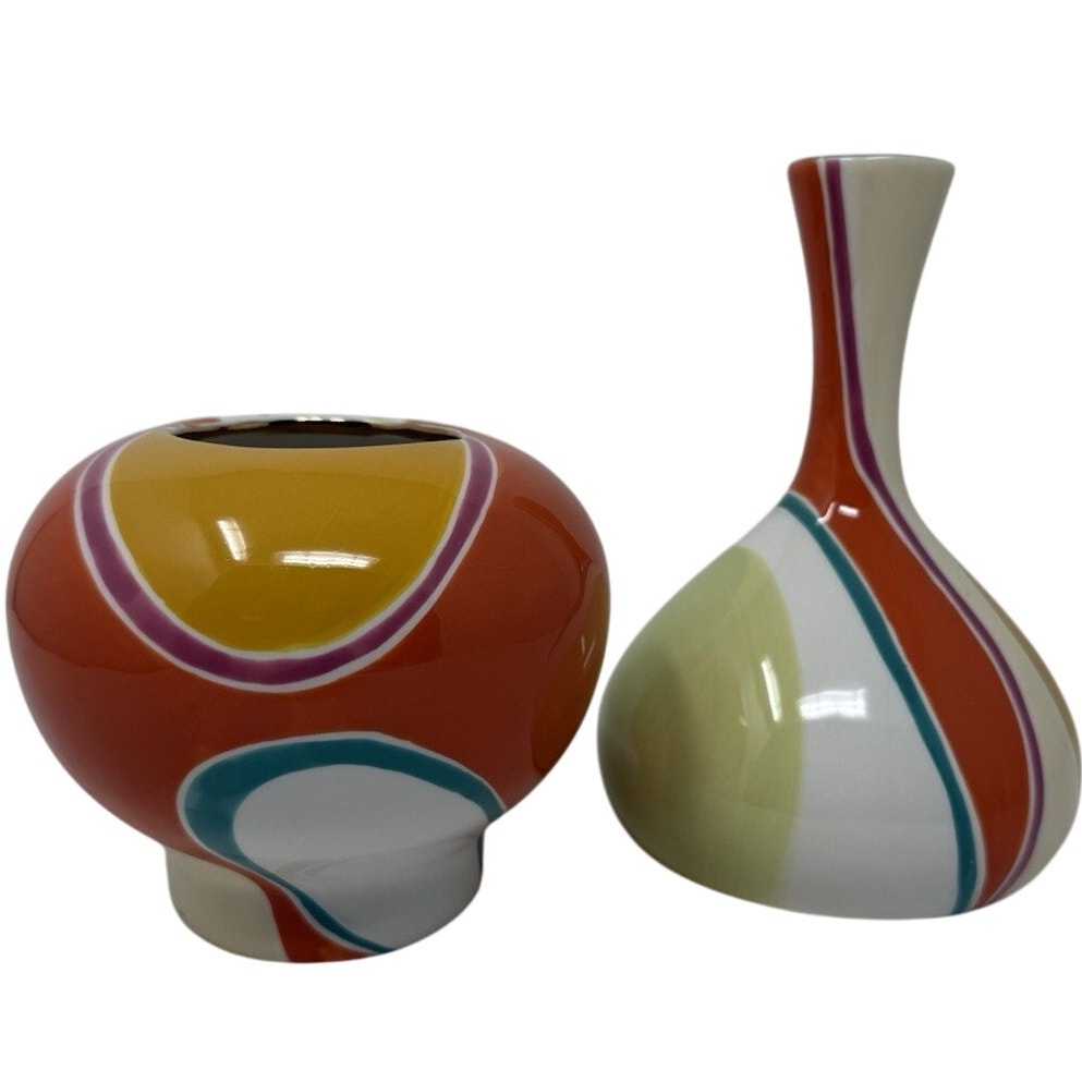 Vintage 00s Jill Rosenwald Magenta Studio Art Glass Vase Set Retro Vibe