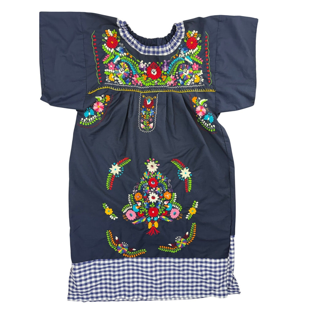Vintage 70s Huipil Embroidered Floral Navy Cotton Lounge Dress Women's M/L