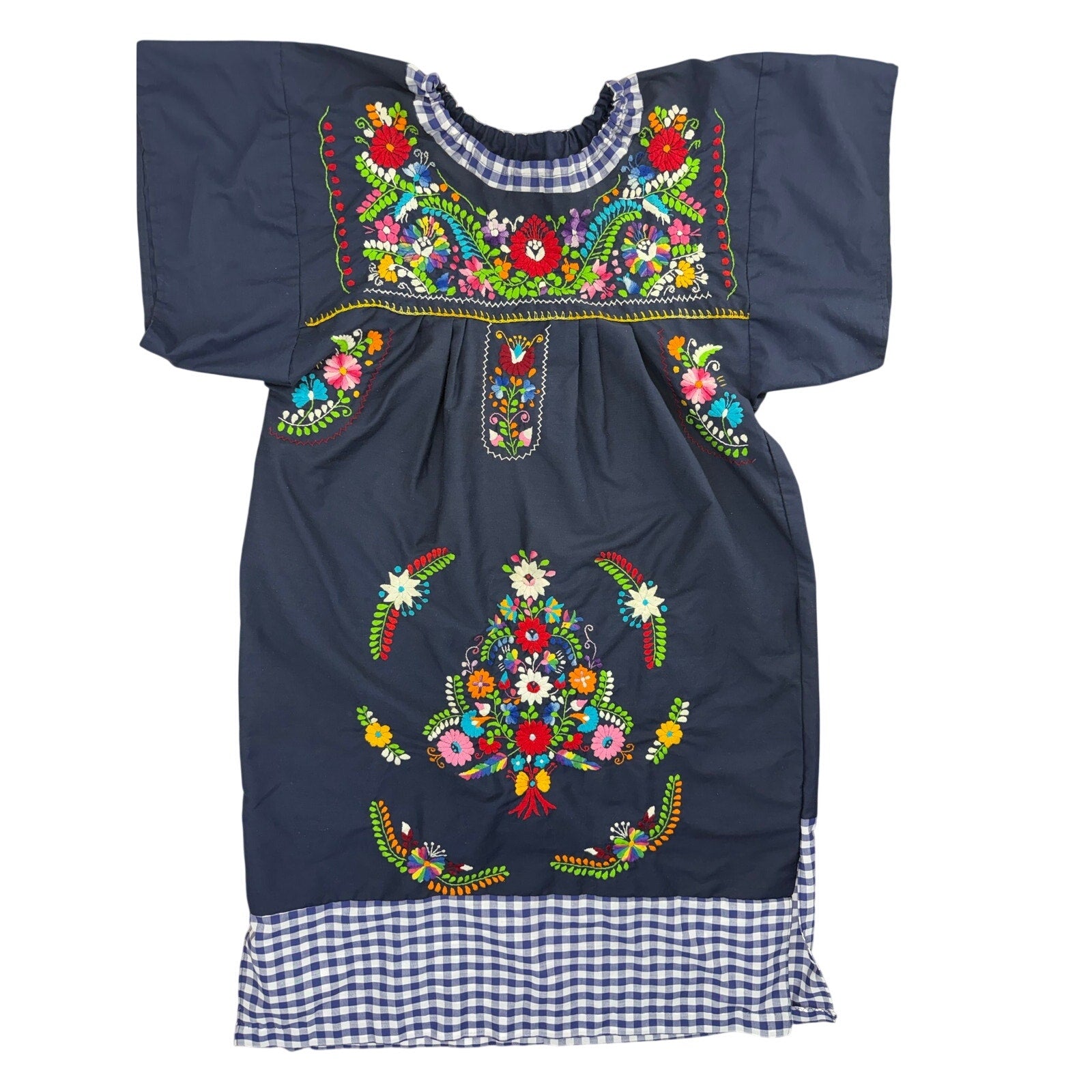 Vintage 70s Huipil Embroidered Floral Navy Cotton Lounge Dress Women's M/L