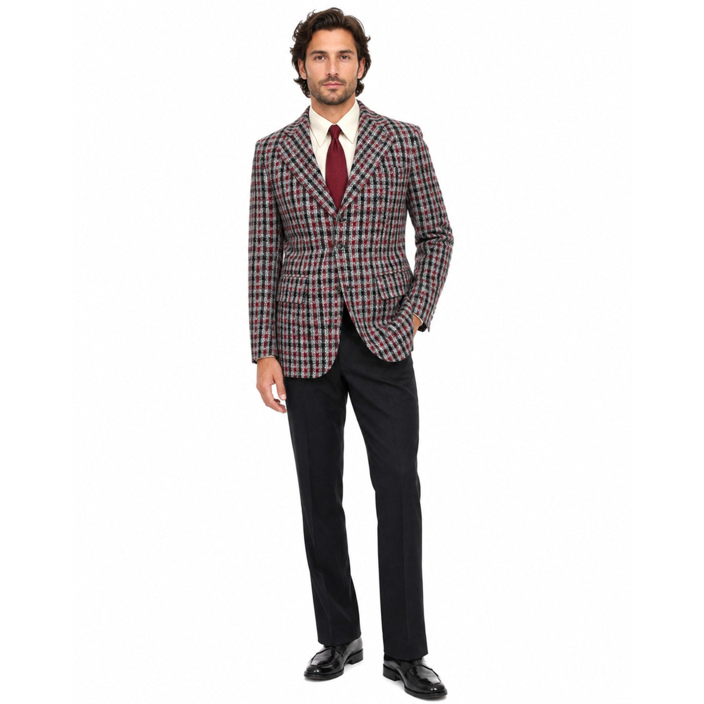 Vintage 70s Men's 38R Plaid Polyester Sport Coat Blazer Red Gray
