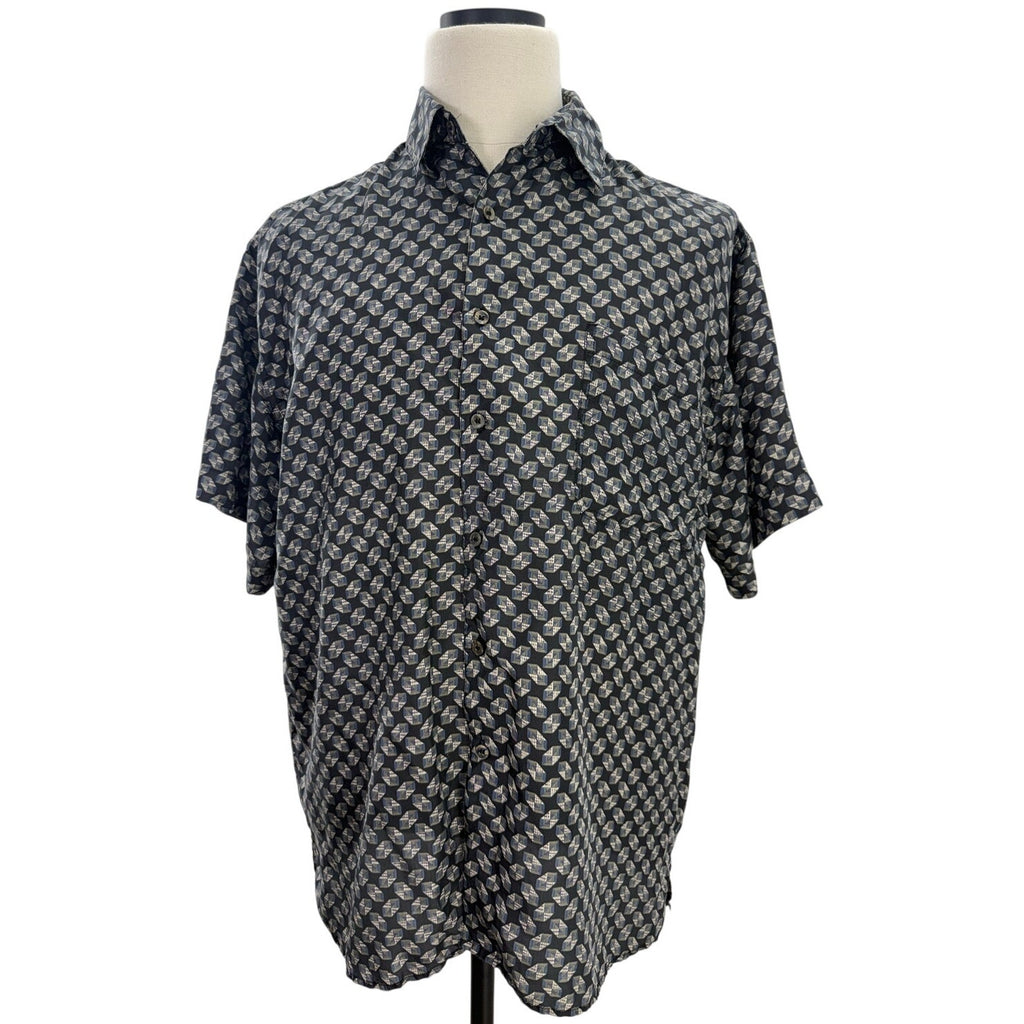 Vintage 90s Cezar Silk Shirt Men's Large Black Geometric Short Sleeve Button Up