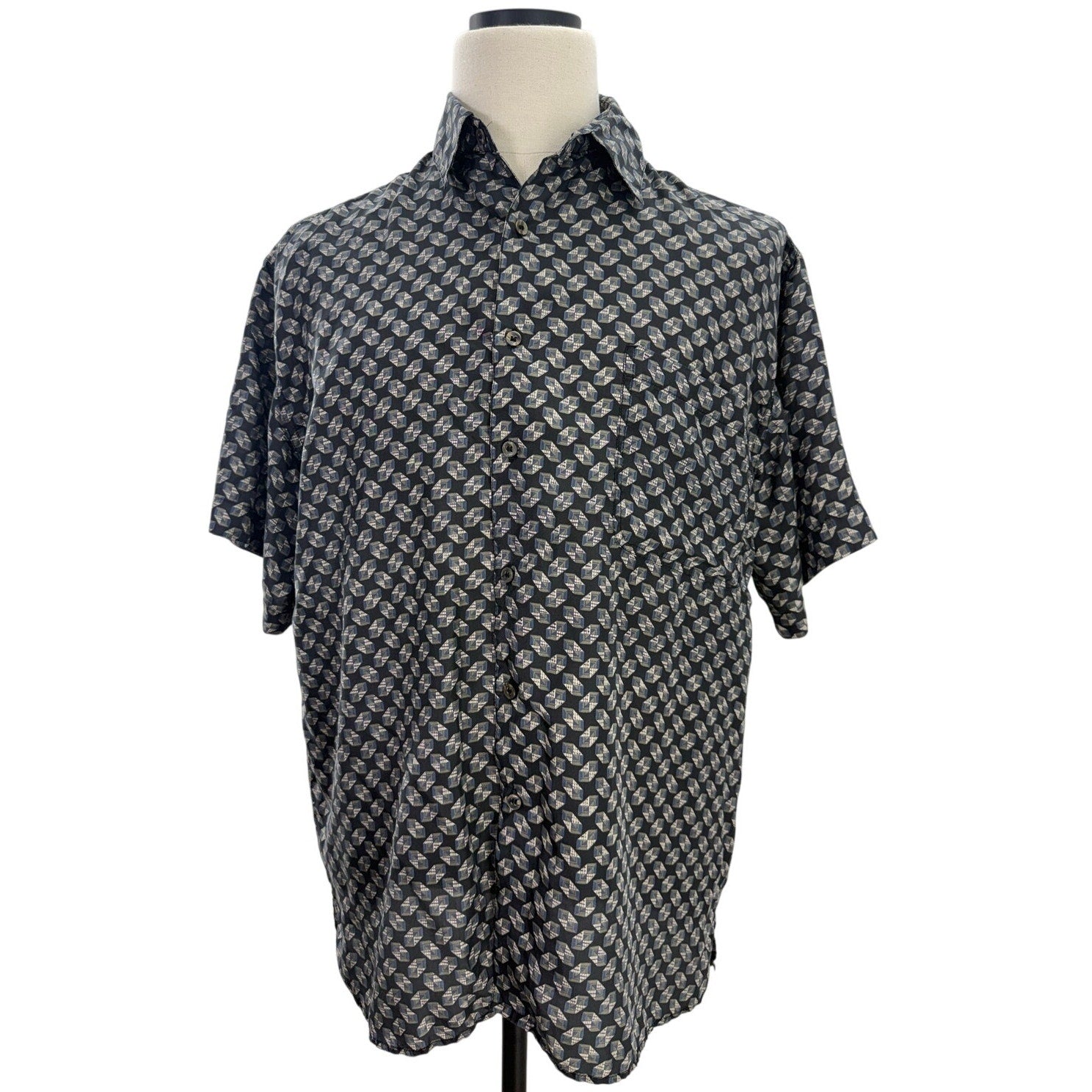 Vintage 90s Cezar Silk Shirt Men's Large Black Geometric Short Sleeve Button Up