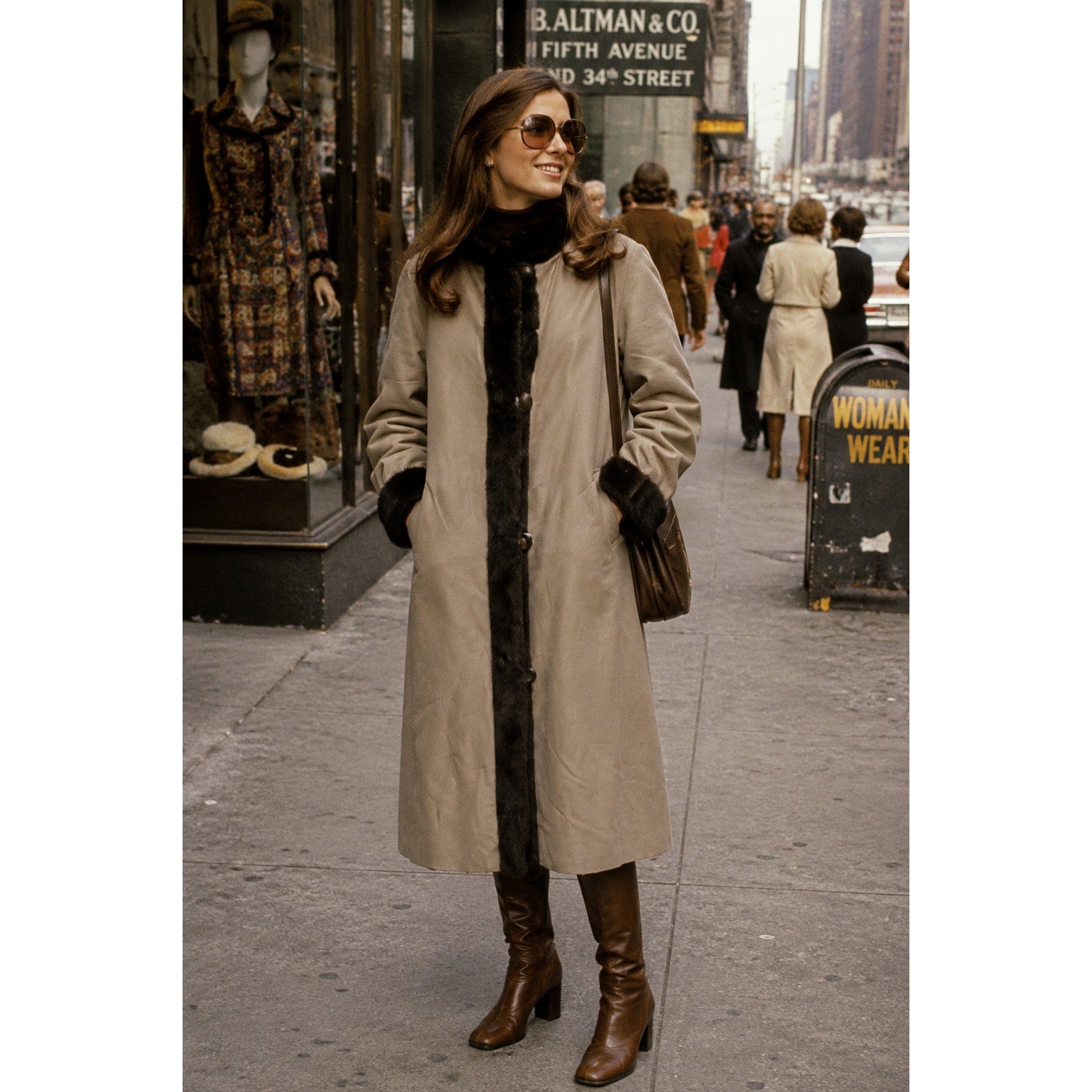 Vintage 70s Faux Fur Trench Coat Reversible Tan Rain Jacket Women’s Large
